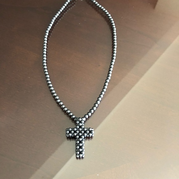 Grey Beaded Cross Necklace - Picture 2 of 5